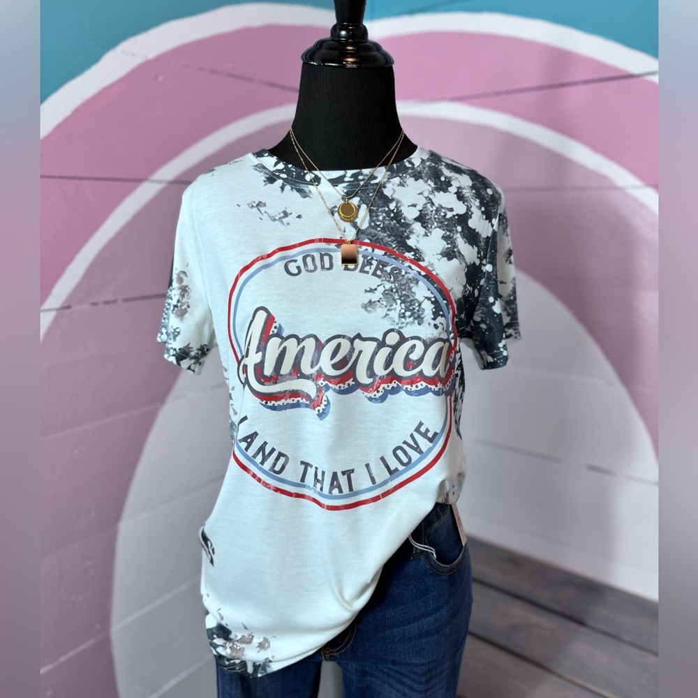Boutique Brand “God Bless America” Bleached Tie Dyed T Shirt 💗
